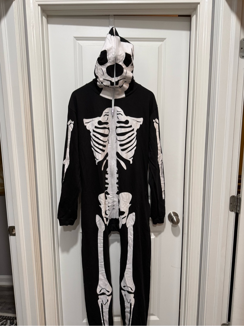 Full Body Zip Up Black and White Skeleton Hooded Onesie jogger Pockets